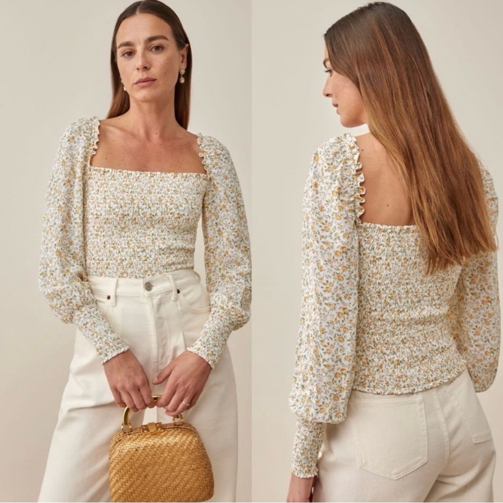 Reformation Pinto Top in Lima Yellow White Long Sleeves Square Neck